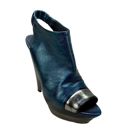 Devi Kroell Blue Silver Metallic Leather Peep Toe Platform Booties 37 / 7 - Picture 2 of 12